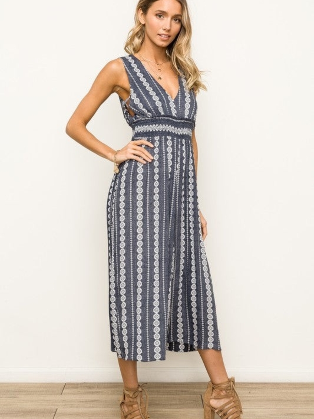 Hem & Thread Navy and White Printed Jumpsuit Romper
